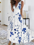 Vestido Vintage Florido Longo com decote V sem mangas e elegante