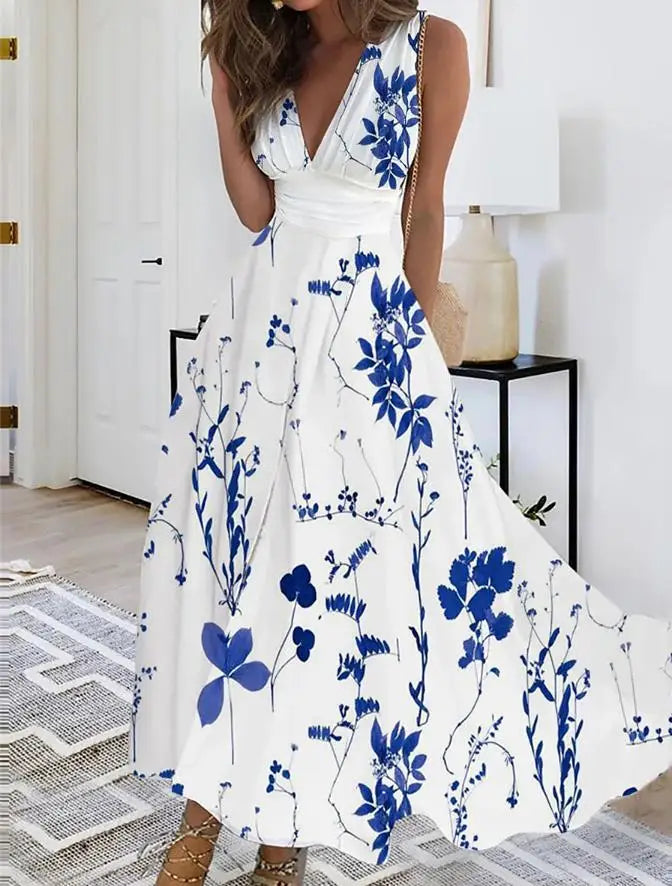 Vestido Vintage Florido Longo com decote V sem mangas e elegante